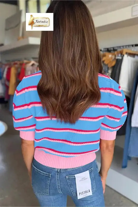 Green Stripe Colorblock Trim Half Sleeve Sweater Top Nataliz