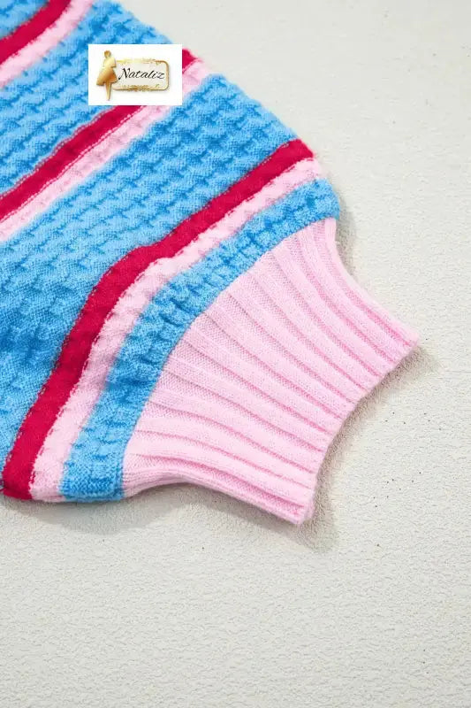 Green Stripe Colorblock Trim Half Sleeve Sweater Top Nataliz