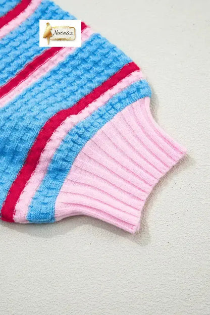 Green Stripe Colorblock Trim Half Sleeve Sweater Top Nataliz