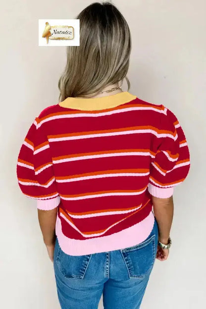 Green Stripe Colorblock Trim Half Sleeve Sweater Top Nataliz
