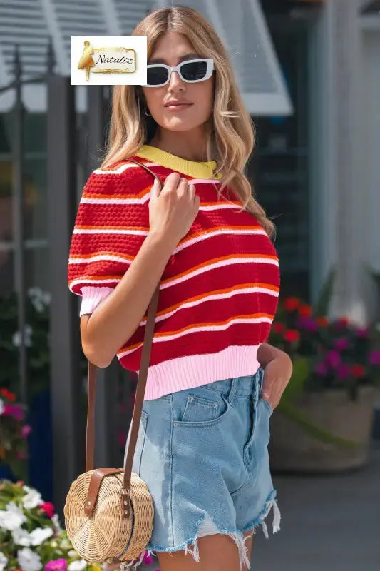 Green Stripe Colorblock Trim Half Sleeve Sweater Top Nataliz