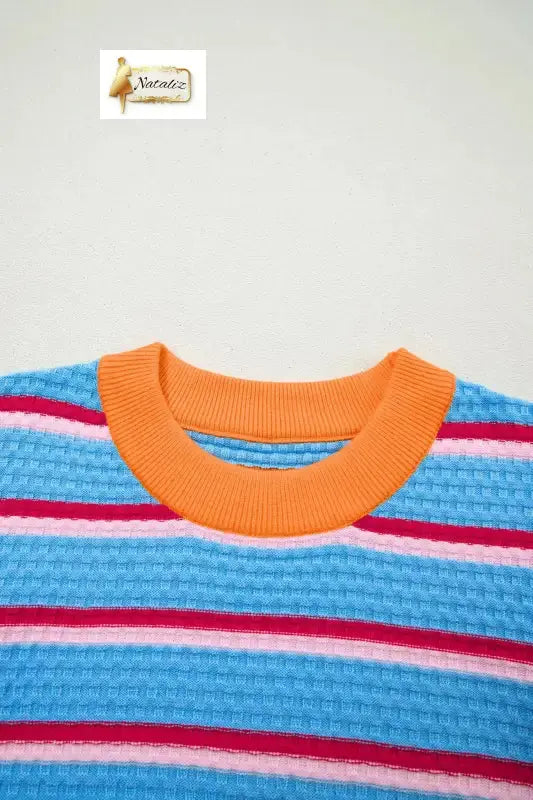 Green Stripe Colorblock Trim Half Sleeve Sweater Top Nataliz