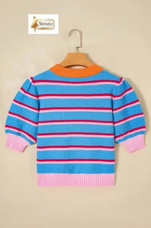 Green Stripe Colorblock Trim Half Sleeve Sweater Top Nataliz