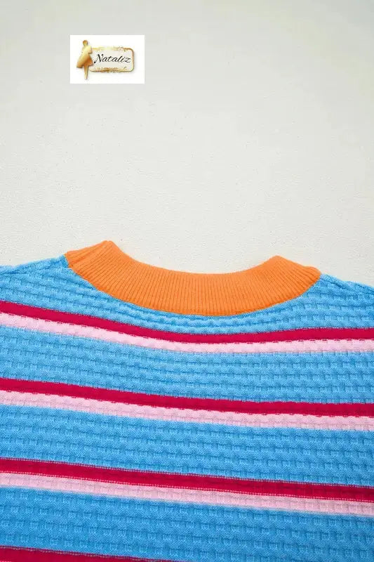 Green Stripe Colorblock Trim Half Sleeve Sweater Top Nataliz