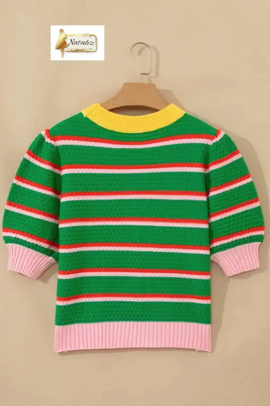 Green Stripe Colorblock Trim Half Sleeve Sweater Top Nataliz