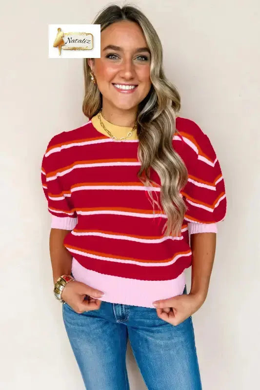 Green Stripe Colorblock Trim Half Sleeve Sweater Top Nataliz
