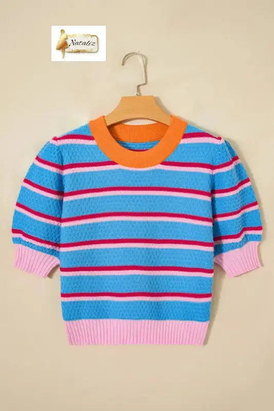 Green Stripe Colorblock Trim Half Sleeve Sweater Top Nataliz