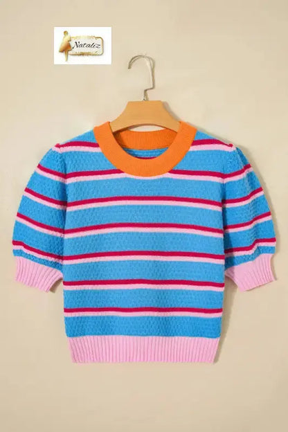 Green Stripe Colorblock Trim Half Sleeve Sweater Top Nataliz