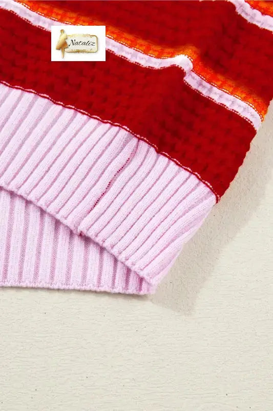 Green Stripe Colorblock Trim Half Sleeve Sweater Top Nataliz