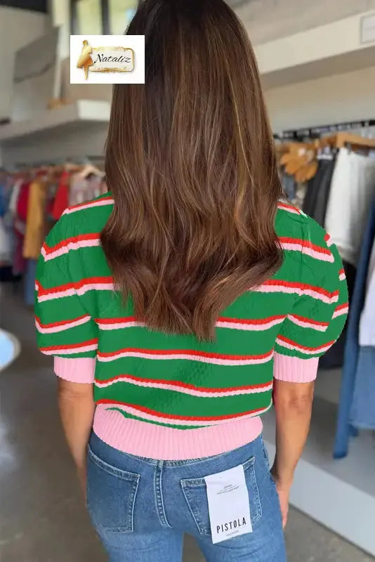 Green Stripe Colorblock Trim Half Sleeve Sweater Top Nataliz