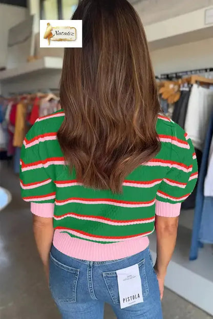 Green Stripe Colorblock Trim Half Sleeve Sweater Top Nataliz