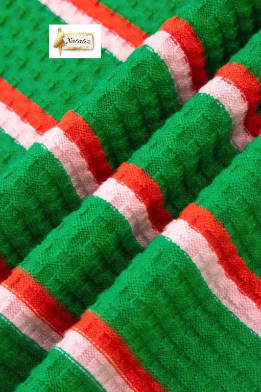 Green Stripe Colorblock Trim Half Sleeve Sweater Top Nataliz