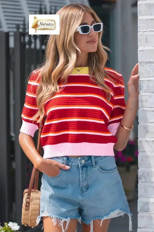 Green Stripe Colorblock Trim Half Sleeve Sweater Top Nataliz