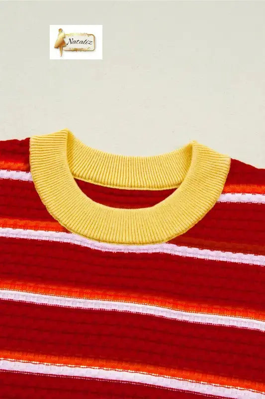 Green Stripe Colorblock Trim Half Sleeve Sweater Top Nataliz