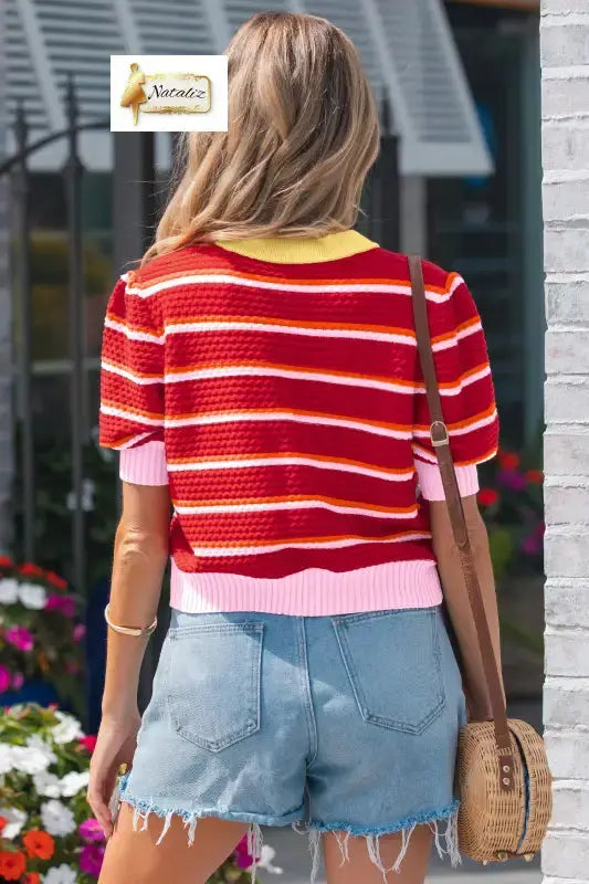 Green Stripe Colorblock Trim Half Sleeve Sweater Top Nataliz