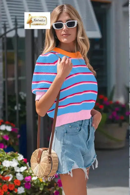 Green Stripe Colorblock Trim Half Sleeve Sweater Top Nataliz