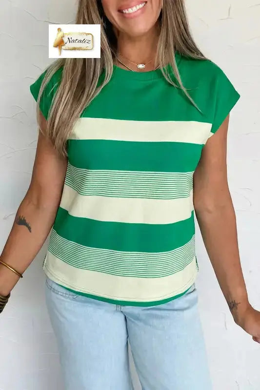 Green Stripe Mixed Print Crew Neck Cap Sleeve T Shirt Dear-Lover Dropshipping