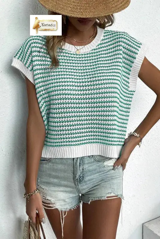 Green Stripe Ribbed Trim Loose Fit Knitted Sweater Vest Dear-Lover Dropshipping