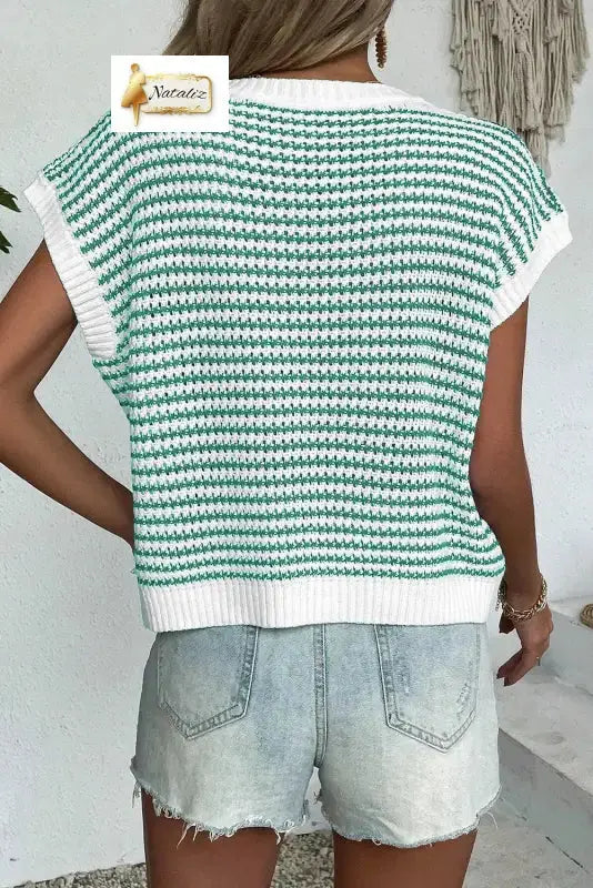 Green Stripe Ribbed Trim Loose Fit Knitted Sweater Vest Dear-Lover Dropshipping