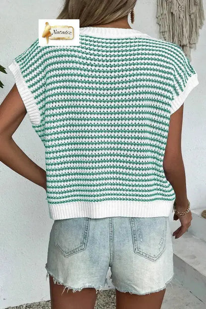 Green Stripe Ribbed Trim Loose Fit Knitted Sweater Vest Dear-Lover Dropshipping