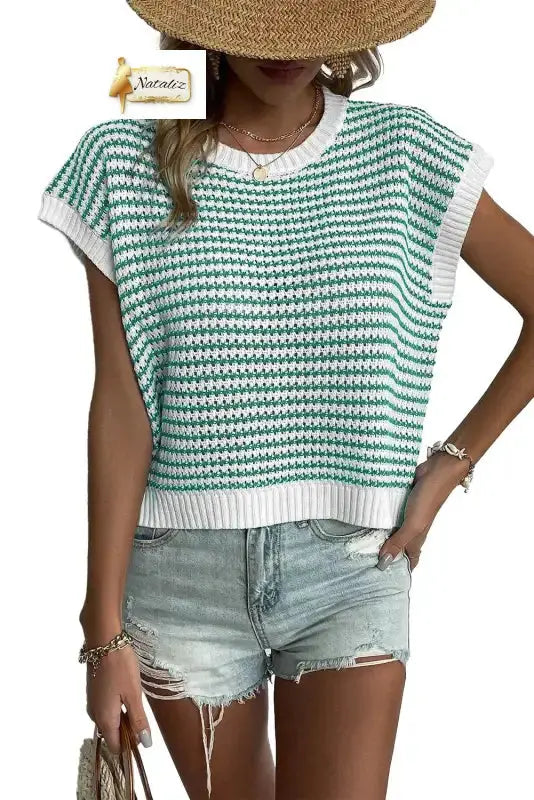 Green Stripe Ribbed Trim Loose Fit Knitted Sweater Vest Dear-Lover Dropshipping