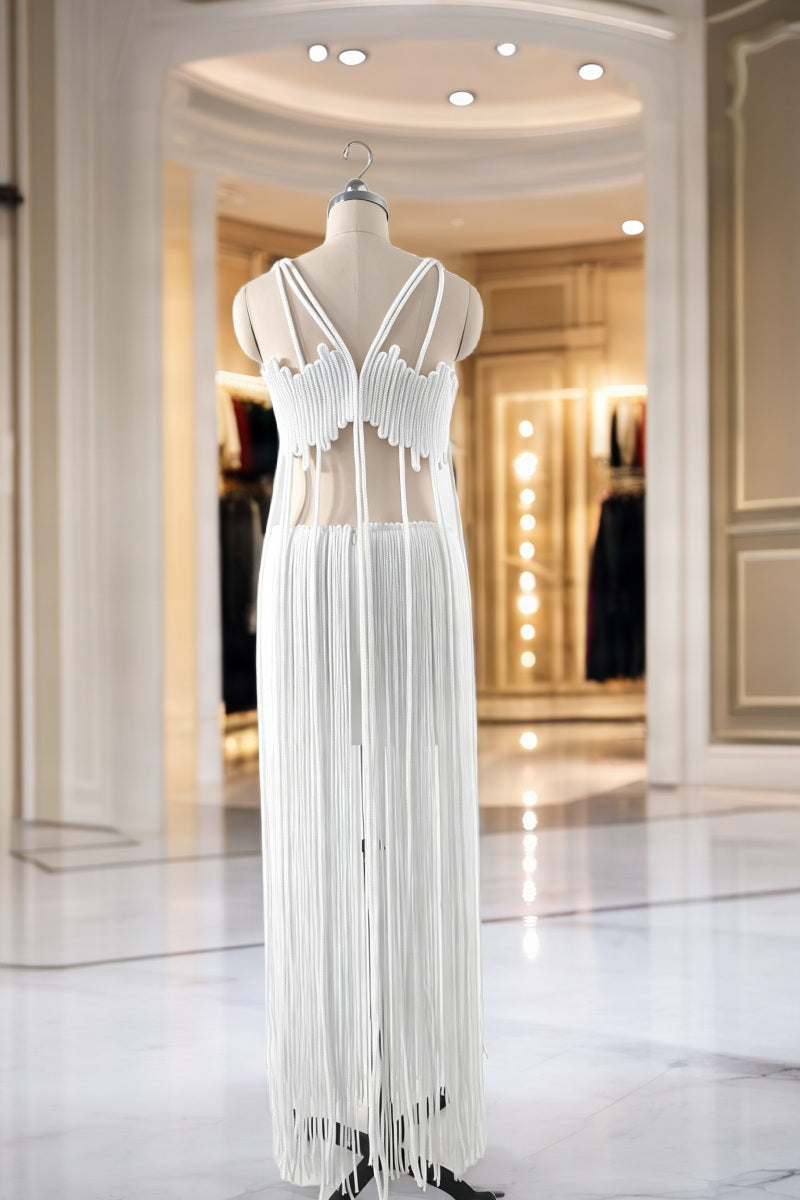 Fringe Maxi Dress in White mannequin view · nz-bg-v1