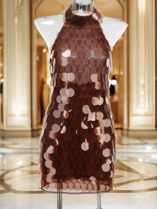 Chocolate Paillette Sequin Sleeveless Mini Dress mannequin view · nz-bg-v1