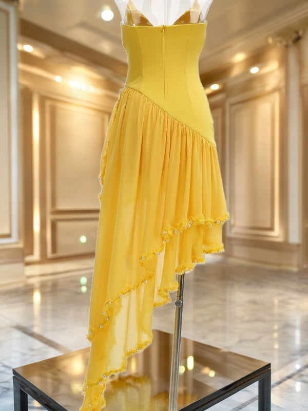 Strapless High-Low Tiered Gown in Sunshine Yellow mannequin view · nz-bg-v1
