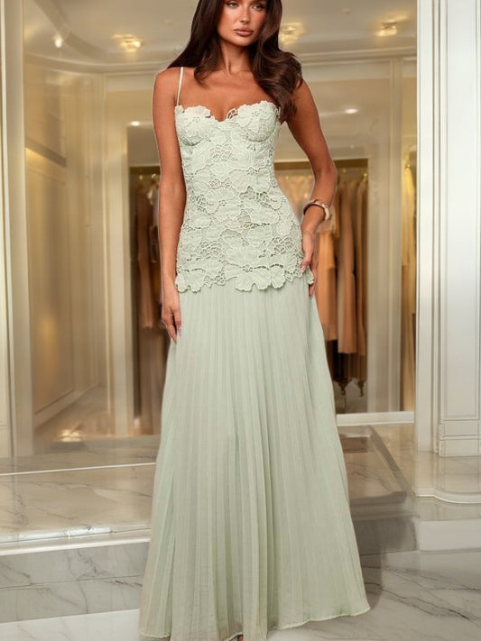 Sage Scalloped Bodice Pleated Maxi Dress model front view · nz-bg-v1