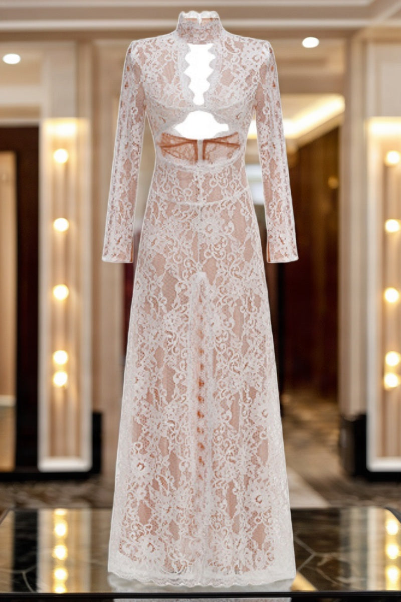 Lace High-Neck Cut-Out Maxi Dress with Thigh Slit hanging view · nz-bg-v1