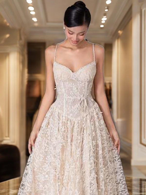 Ivory Lace Corset Midi Dress with Tie Waist model front view · nz-bg-v1