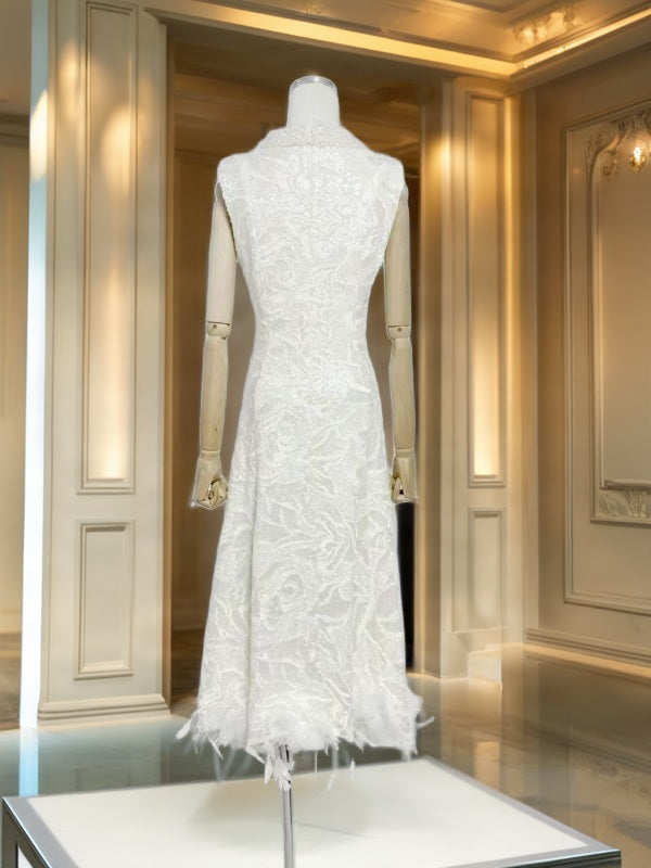 Sequin Feather-Trim Sleeveless Midi Dress in Ivory mannequin view · nz-bg-v1
