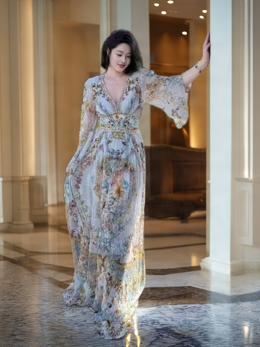Baroque Floral Print V-Neck Maxi Dress model front view · nz-bg-v1