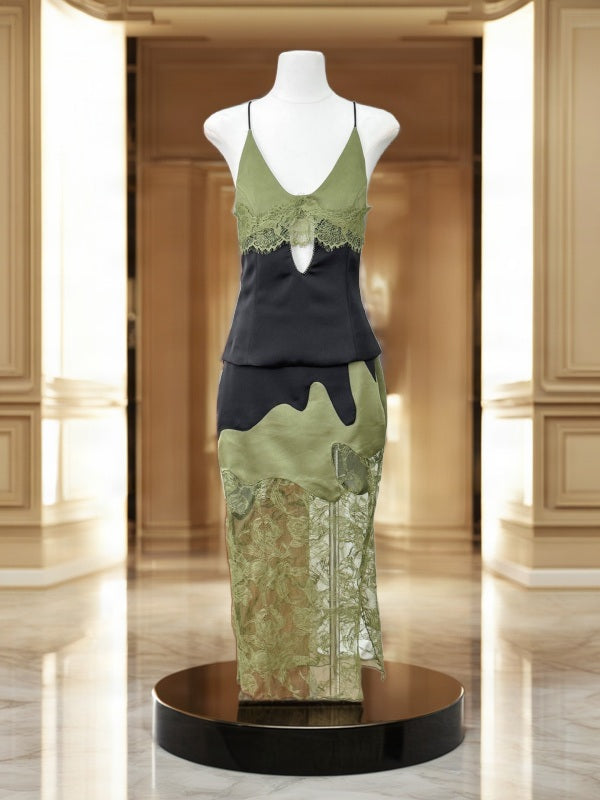 Olive and Black Lace Trim Cami Top and Midi Skirt Set mannequin view · nz-bg-v1
