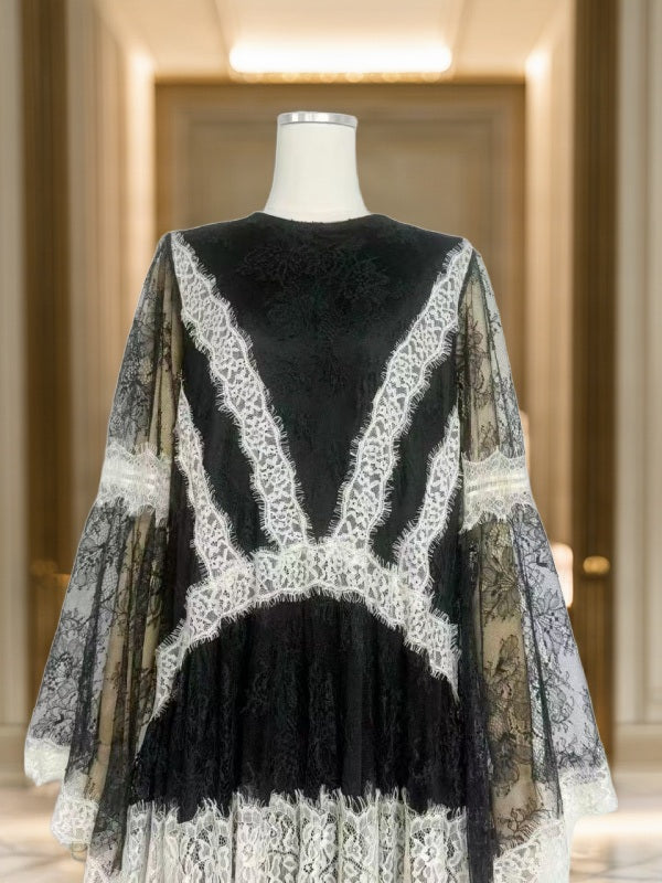 Contrast Lace Maxi Gown with Bell Sleeves mannequin view · nz-bg-v1