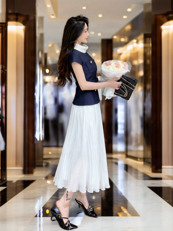 Navy Belted Top & White Pleated Maxi Skirt Set side view · nz-bg-v1