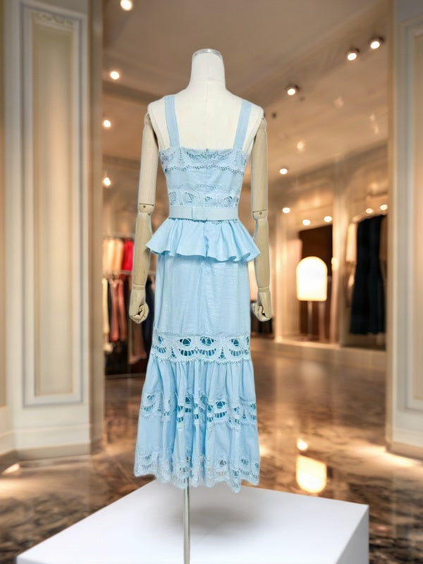 Belted Peplum Maxi Dress with Lace Cutwork Hem mannequin view · nz-bg-v1