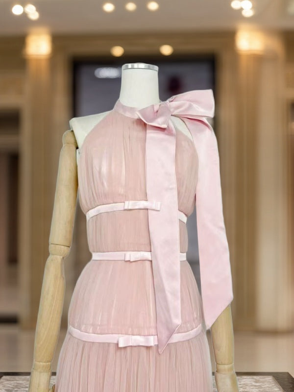 Blush Pink Halter Bow Tulle Maxi Gown mannequin view · nz-bg-v1