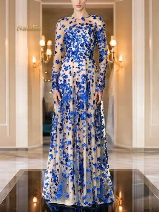 Cobalt Floral Appliqué Illusion Long Sleeve Gown model front view