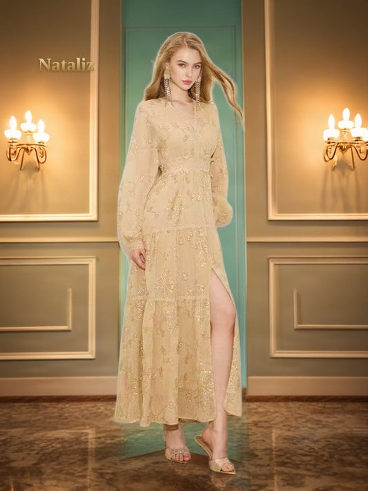 Gold Embroidered V-Neck Tiered Maxi Dress model front view