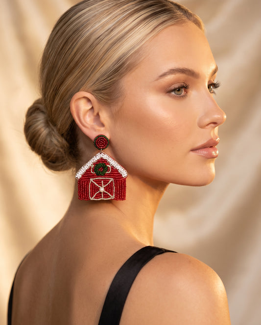 Beaded Christmas House Statement Earrings worn, side profile · nz-on-model-v1