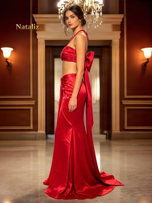 Red Halter Bow-Back Two-Piece Gown Set side view