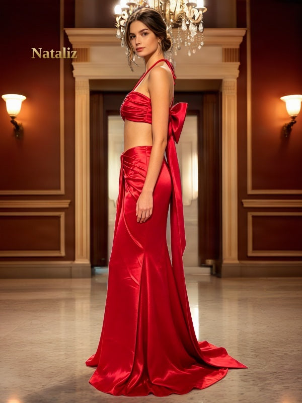 Red Halter Bow-Back Two-Piece Gown Set