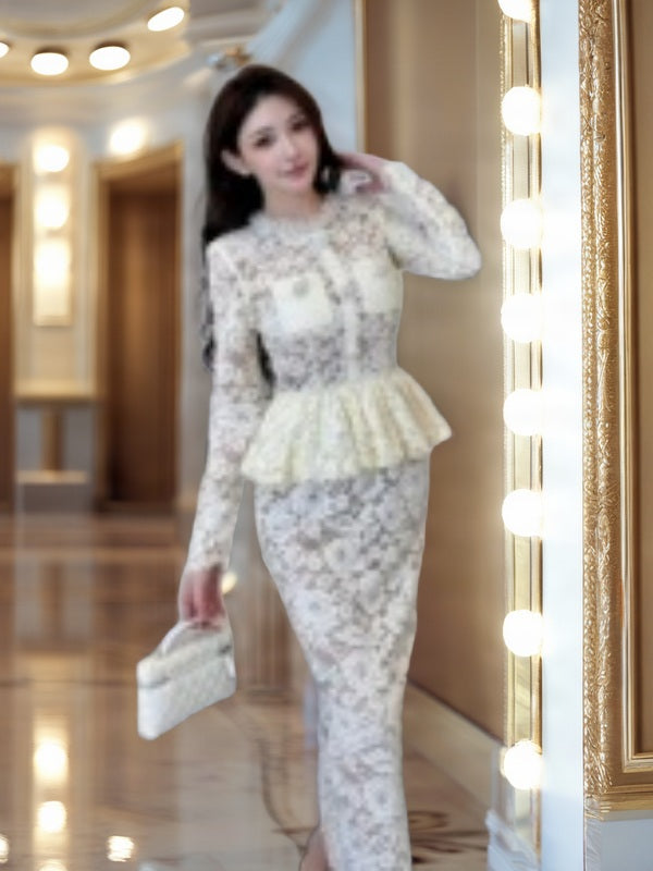 Ivory Lace Peplum Top and Maxi Skirt Set model front view · nz-bg-v1
