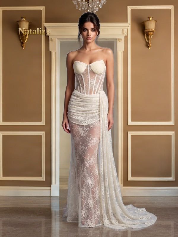 Strapless Sheer Lace Corset Maxi Gown with Draped Sash model front view · nz-alt-v1