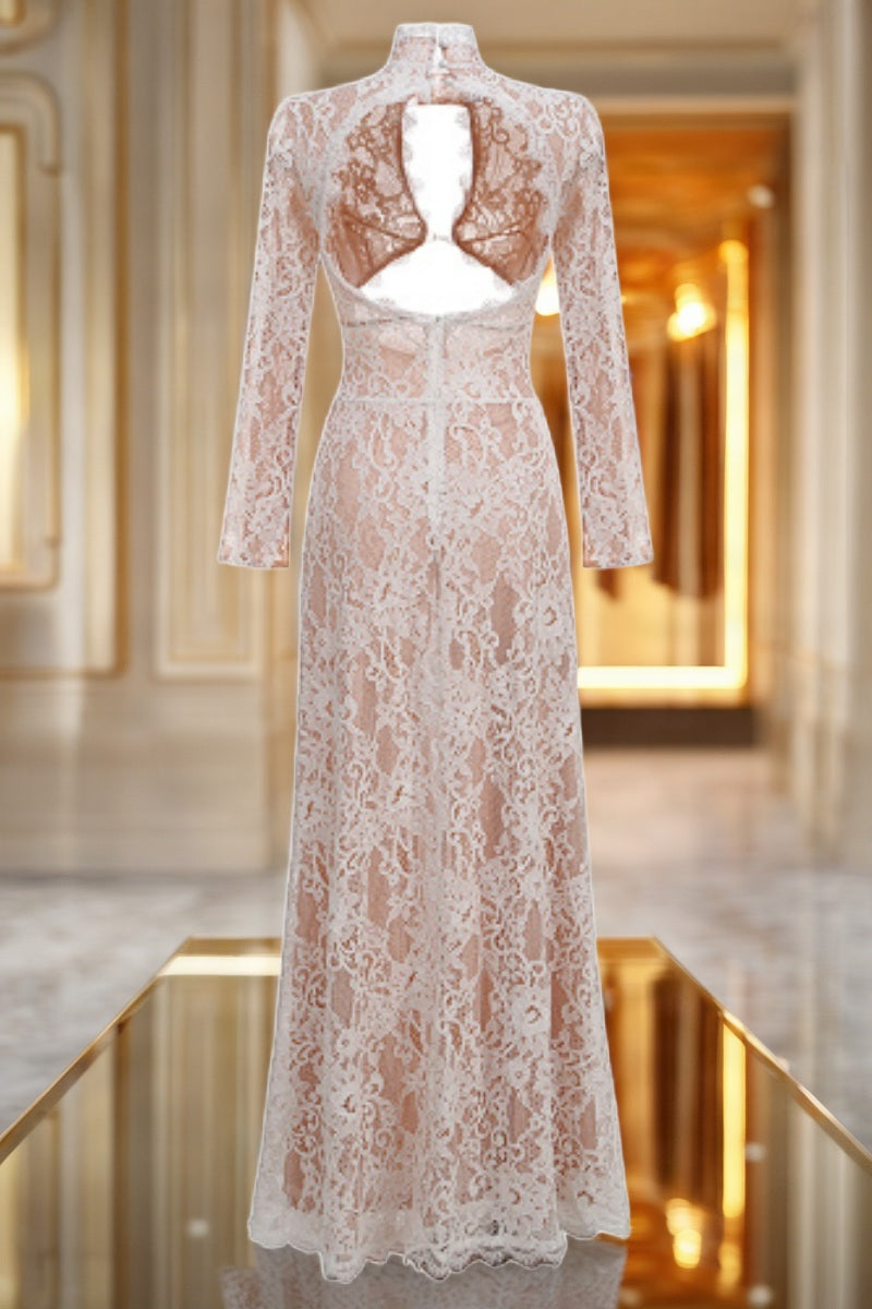 Lace High-Neck Cut-Out Maxi Dress with Thigh Slit mannequin view · nz-bg-v1