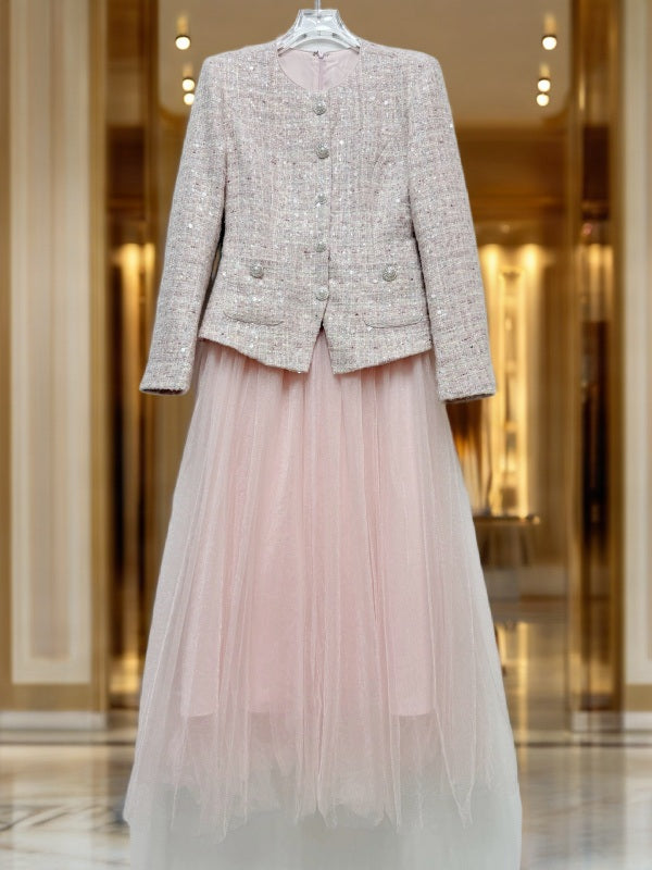 Pink Tweed Jacket and Tulle Midi Skirt Set hanging view · nz-bg-v1