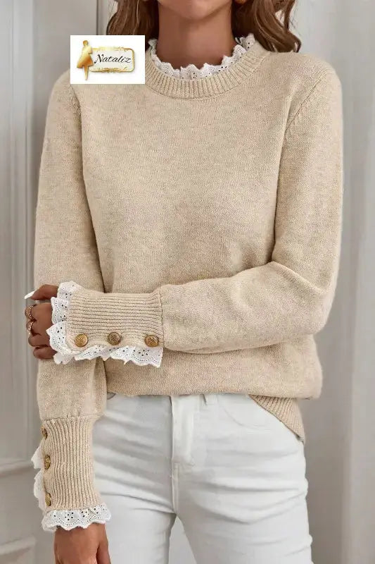 Jet Stream Lace Trim Patchwork Buttoned Cuffs Loose Sweater Dear-Lover Dropshipping