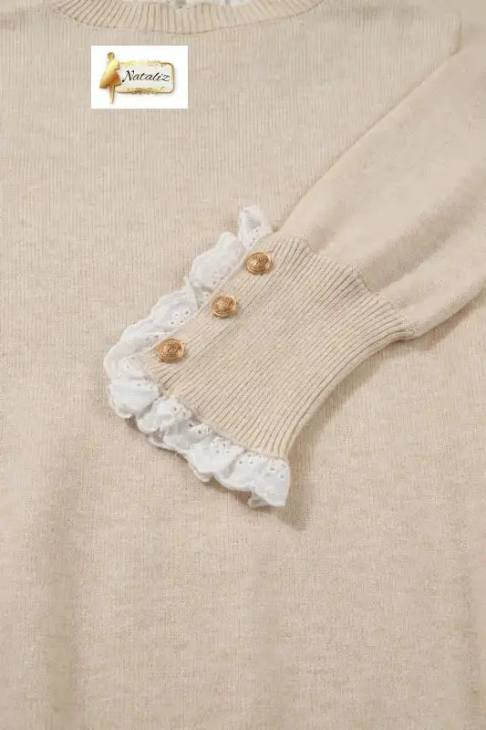 Jet Stream Lace Trim Patchwork Buttoned Cuffs Loose Sweater Dear-Lover Dropshipping