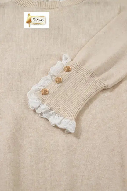 Jet Stream Lace Trim Patchwork Buttoned Cuffs Loose Sweater Dear-Lover Dropshipping